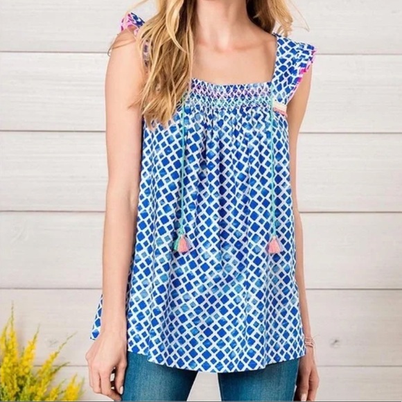 435 Matilda Jane Clothing Blue Patterned Pink Fray Hem Tunic 12 - Picture 1 of 9